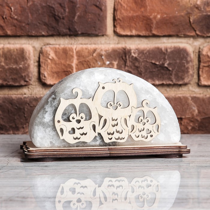 Соляной светильник "Совушки", деревянный декор, цельный кристалл, 18 х 10 х 6 см