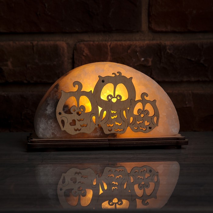 Соляной светильник "Совушки", деревянный декор, цельный кристалл, 18 х 10 х 6 см