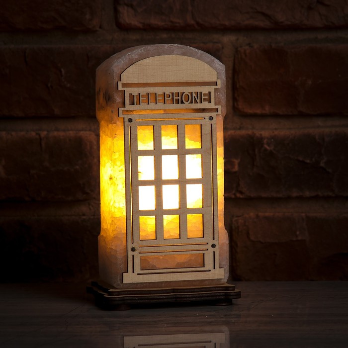 Соляной светильник "Телефонная будка", деревянный декор, цельный кристалл, 11 х 20 х 7 см
