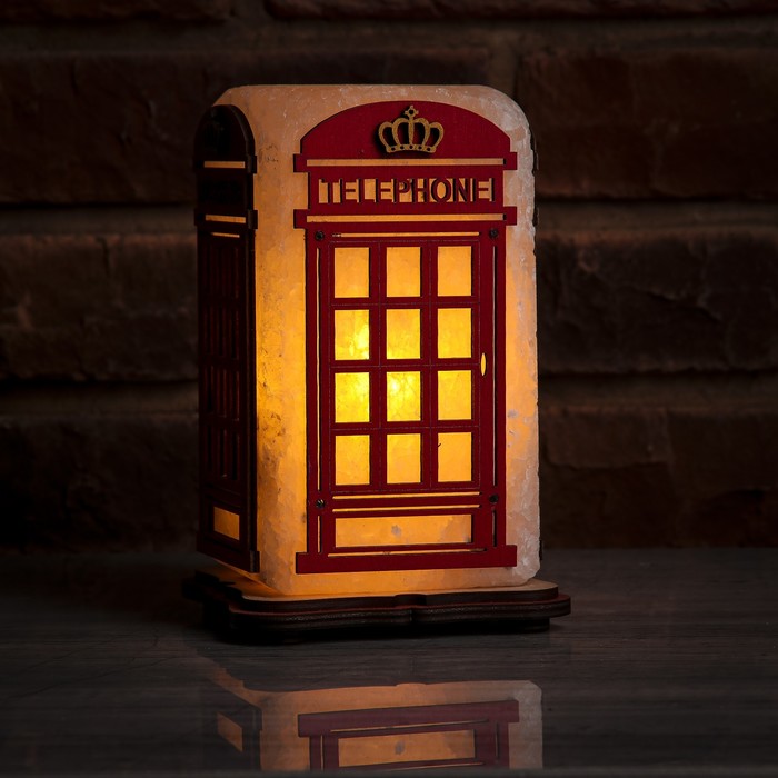 Соляной светильник "Телефонная будка Лондон" красная, деревянный декор, цельный кристалл, 12 х 12 х 19 см