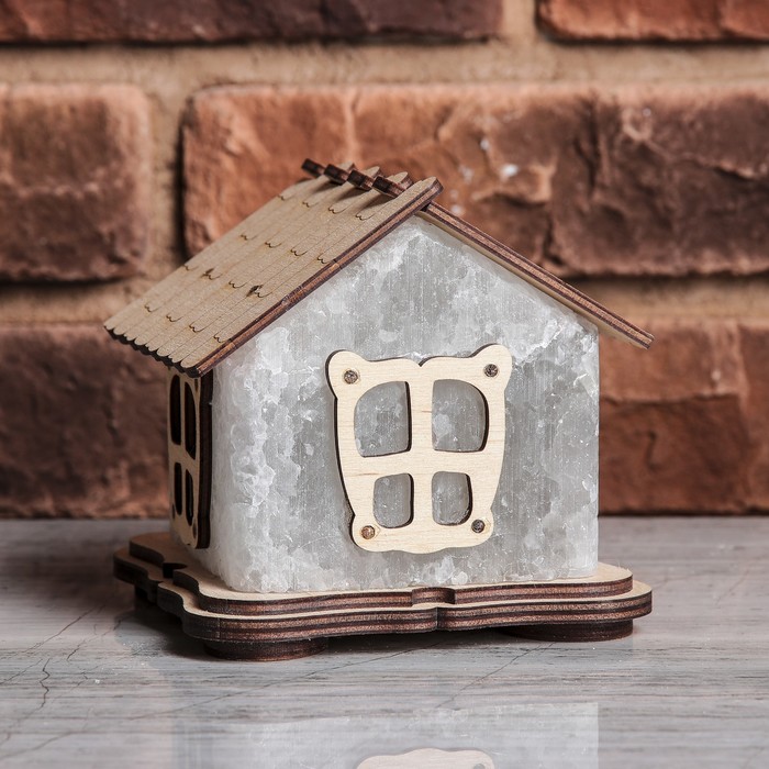 Соляной светильник "Домик белый", деревянный декор, цельный кристалл, 12 х 12 х 12 см