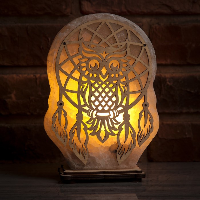 Соляной светильник "Ловец снов", деревянный декор, цельный кристалл, 20 х 15 х 6 см