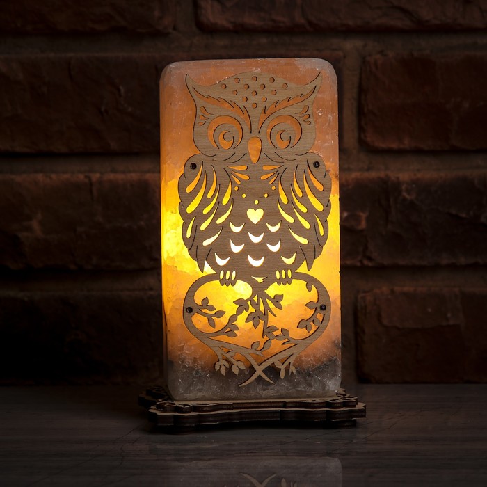 Соляной светильник "Сова", прямоугольная форма, деревянный декор, цельный кристалл