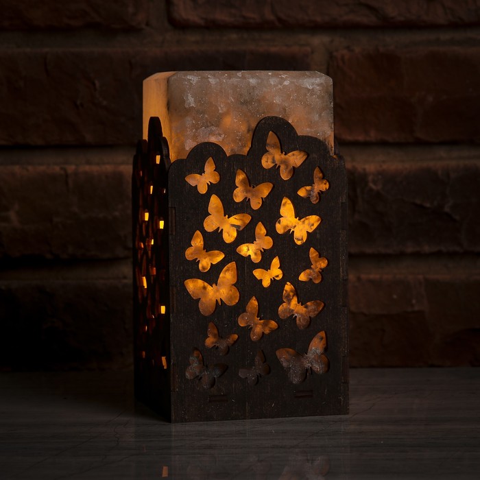 Соляной светильник прямоугольник "Бабочки", деревянный декор, цельный кристалл, 10 х 10 х 18 см
