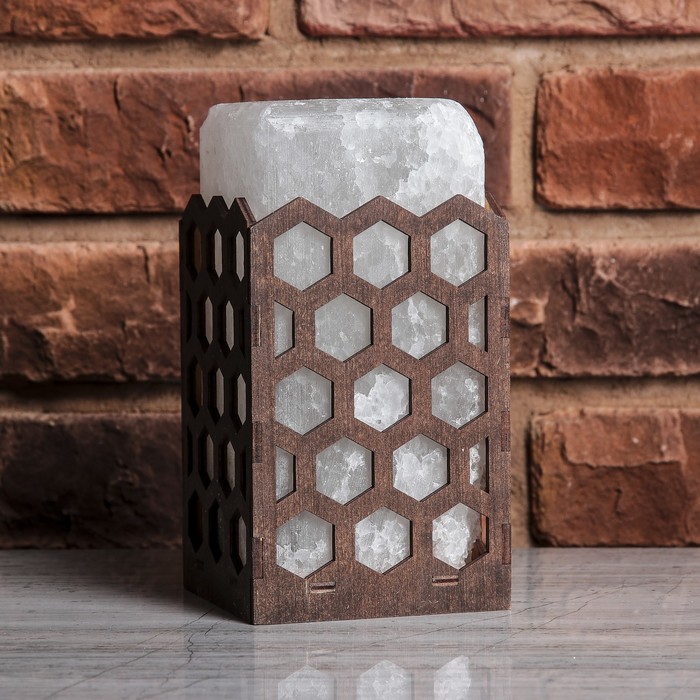 Соляной светильник прямоугольник "Соты", деревянный декор, цельный кристалл, 10 х 10 х 18 см