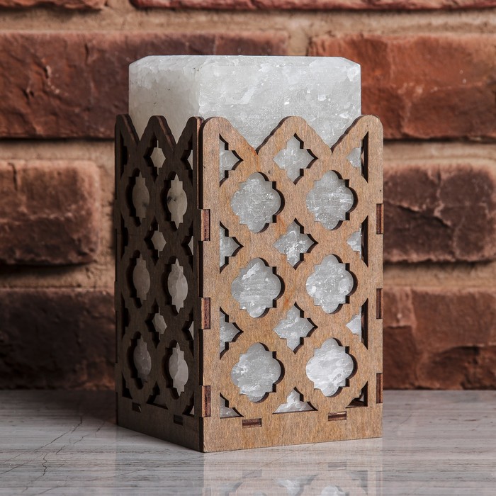 Соляной светильник прямоугольник "Ромбы", деревянный декор, цельный кристалл, 10 х 10 х 18 см