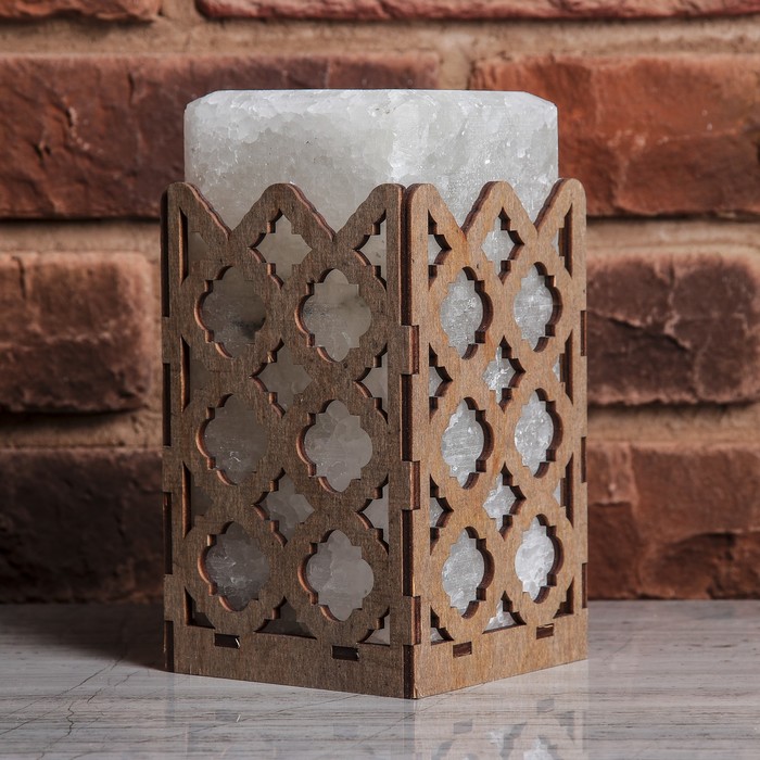 Соляной светильник прямоугольник "Ромбы", деревянный декор, цельный кристалл, 10 х 10 х 18 см