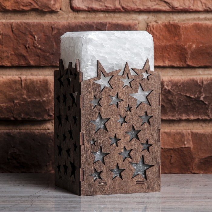 Соляной светильник прямоугольник "Звезды", деревянный декор, цельный кристалл, 10 х 10 х 18 см