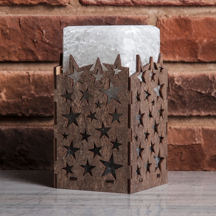 Соляной светильник прямоугольник "Звезды", деревянный декор, цельный кристалл, 10 х 10 х 18 см