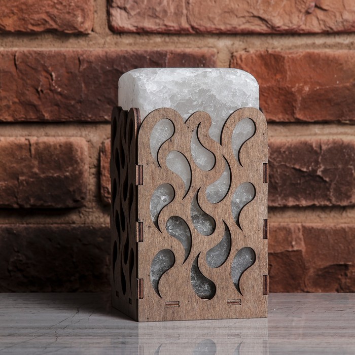 Соляной светильник прямоугольник "Капли", деревянный декор, цельный кристалл, 10 х 10 х 18 см