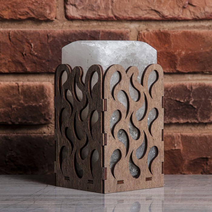 Соляной светильник прямоугольник "Капли", деревянный декор, цельный кристалл, 10 х 10 х 18 см