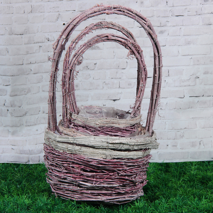 Набор корзин плетёных, ротанг, кора 20x37/16x31/12x25 см, 3 шт, фиолетовый,белый