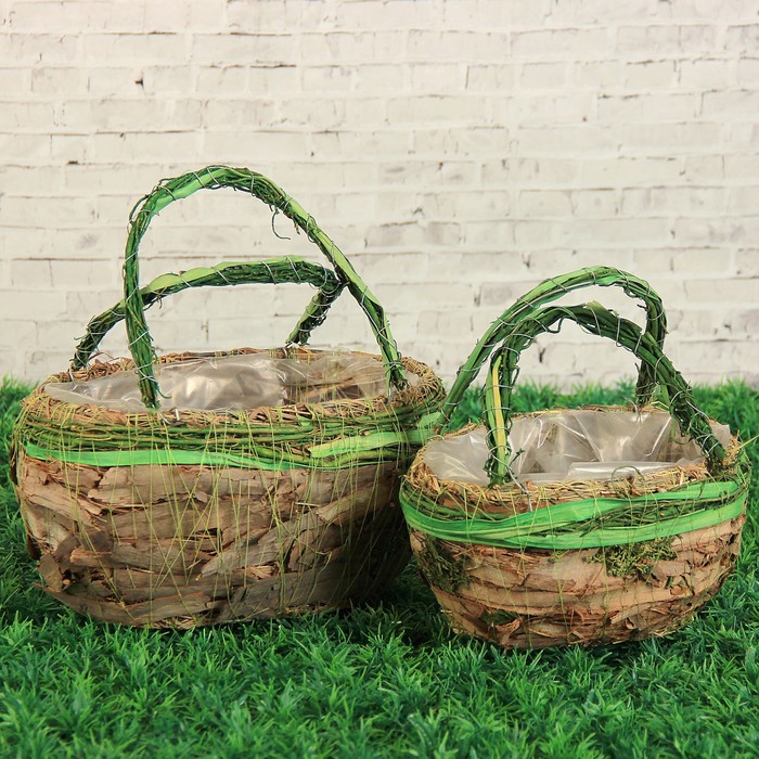 Набор корзин плетёных, ротанг, кора, 18,5x11x20/23x15,5x26, 2 шт, зеленый, натуральный