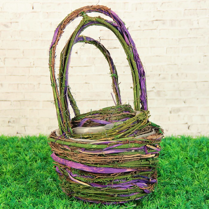Набор корзин плетёных, ротанг, 12x12x25/16,5x16,5x31/20,5x20,5x38, 3 шт, фиолетовый