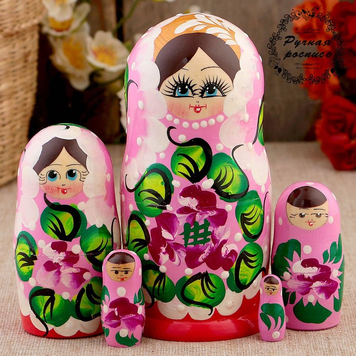 Матрёшка «Фиалки», розовое платье, 5 кукольная, 15 см