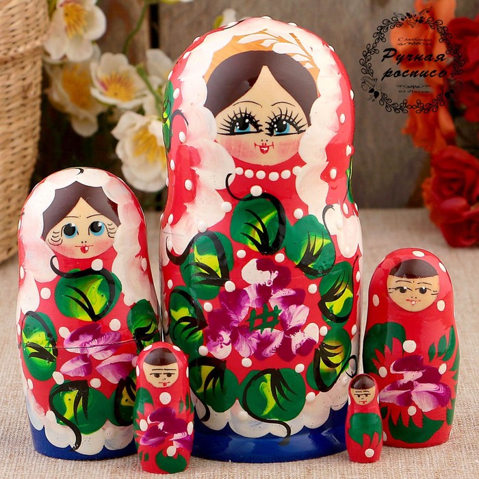 Матрёшка «Фиалки», красное платье, 5 кукольная, 15 см