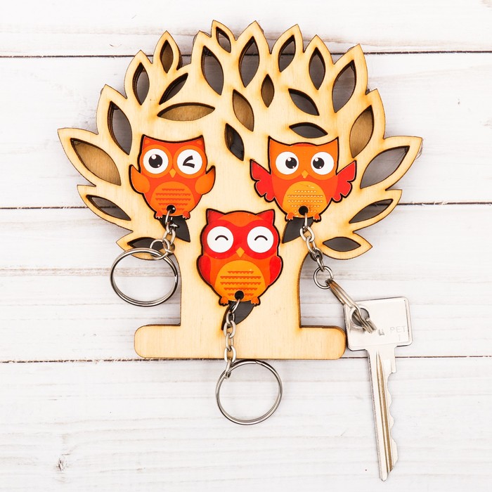 Ключница деревянная с брелоками "Совы"