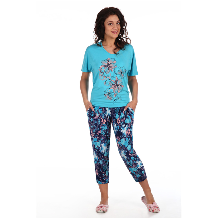 Комплект женский (футболка,бриджи) Рафаэлло цвет ментоловый, принт цветы, р-р 44   вискоза
