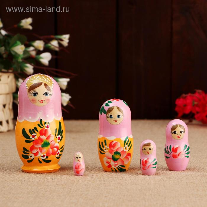 фото Матрёшка «розовые цветочки», розовый платок, 5 кукольная, 10 см