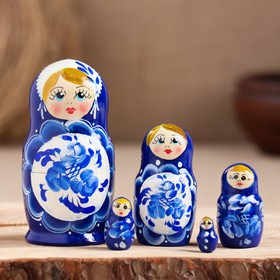 Матрёшка «Поднос гжель», синее платье, 5 кукольная, 10 см
