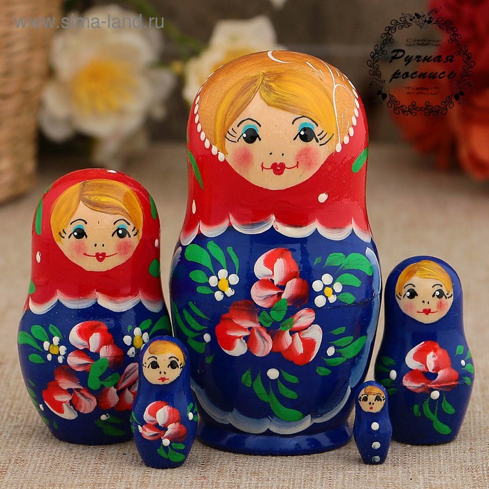 фото Матрёшка «красные цветочки», красный платок, 5 кукольная, 10 см
