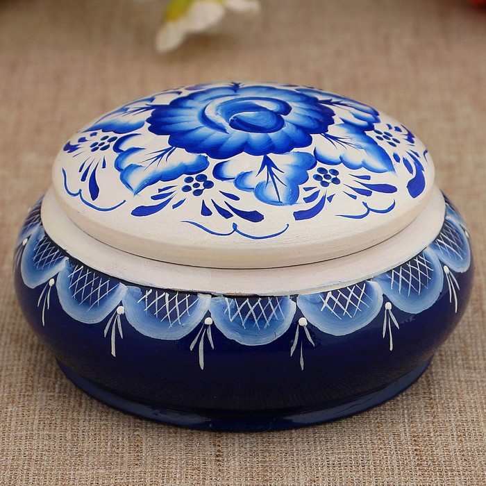 Шкатулка «Гжель», кадочка, бело-синяя, 11 см