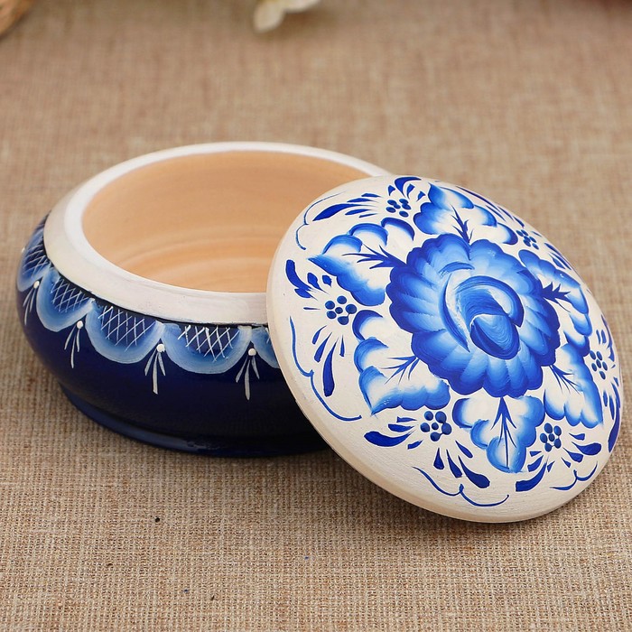 Шкатулка «Гжель», кадочка, бело-синяя, 11 см