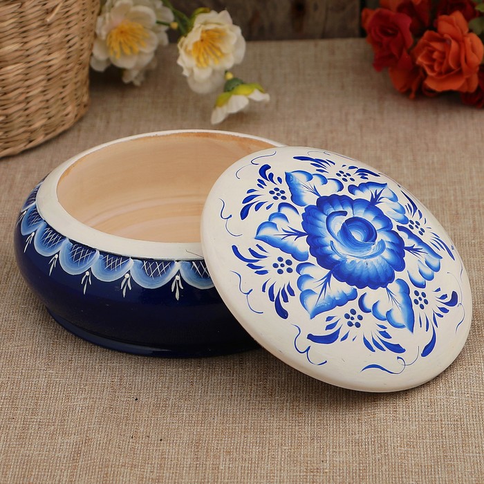 Шкатулка «Гжель», кадочка, бело-синяя, 16 см