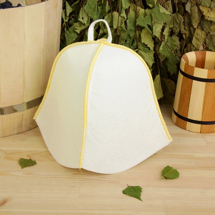 Шапка банная "Классическая" белая с жёлтым кантом, войлок