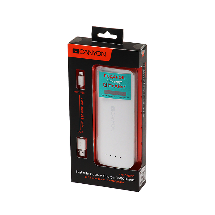 Внешний аккумулятор CANYON CNE-CPB156W, 15 600 mAh, 2 USB, индикатор заряда, белый
