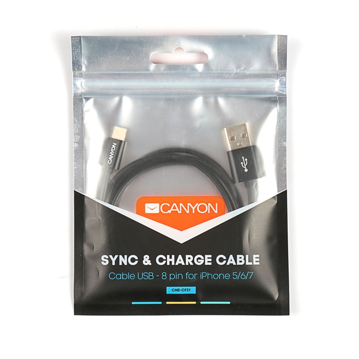 Кабель CANYON USB 2.0 - Lightning (8-pin) , цвет: Чёрный, 1м. (CNE-CFI1B)