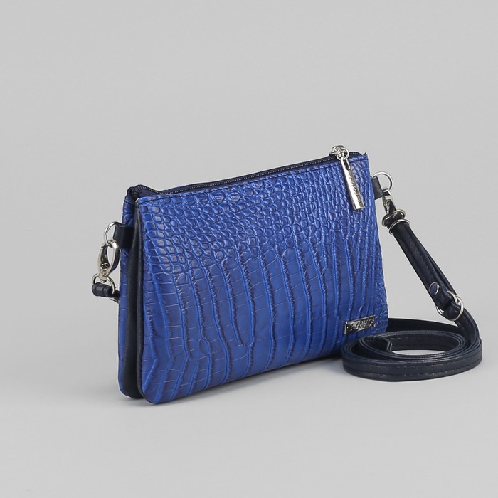 Сумка женская, отдел на молнии, наружный карман, длинный ремень, крокодил, цвет синий