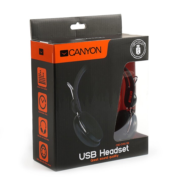 Гарнитура Canyon CNE-CHSU1B, USB подключение, встроенный блок управления, провод 2 м, черная 35384