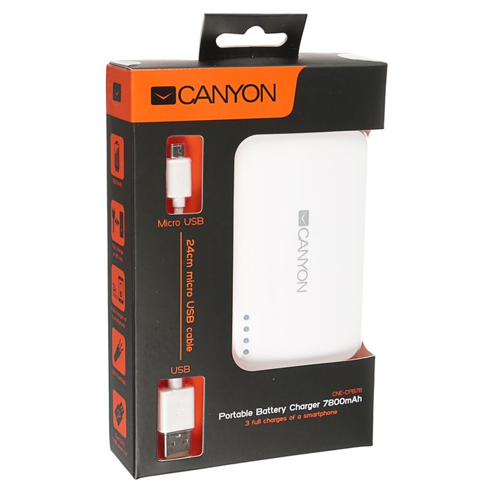 Аккумулятор внешний Canyon CNE-CPB78W, 2 USB, 7800 мАч, индикатор батареи, белый