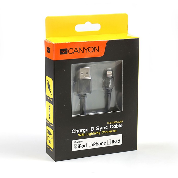 Провод для зарядки и передачи данных Canyon, CNS-MFICAB01B, USB-lightning, провод 1м, черный 35385