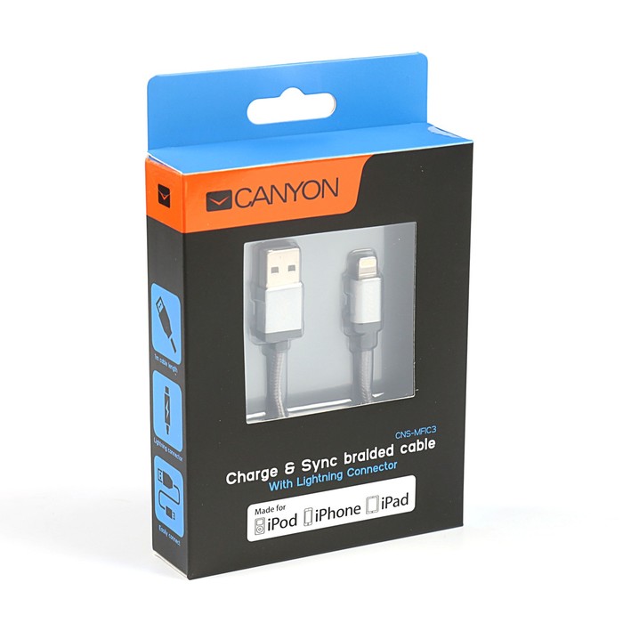 Провод для зарядки и передачи данных Canyon, CNS-MFIC3DG, USB-lightning, провод 1м