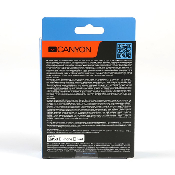 Провод для зарядки и передачи данных Canyon, CNS-MFIC3DG, USB-lightning, провод 1м