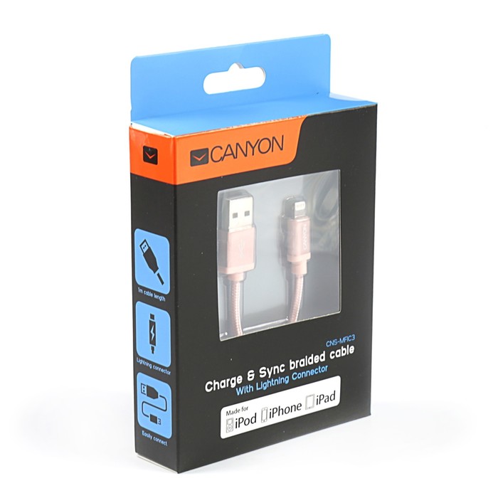 Провод для зарядки и передачи данных Canyon, CNS-MFIC3RG, USB-lightning, провод 1м, розовый 353850
