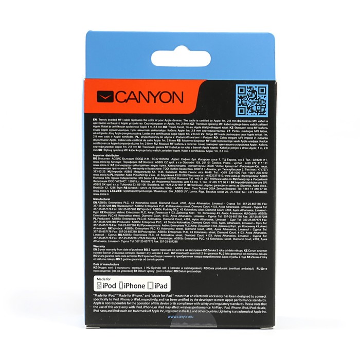 Провод для зарядки и передачи данных Canyon, CNS-MFIC3RG, USB-lightning, провод 1м, розовый 353850