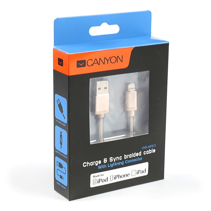 Провод для зарядки и передачи данных Canyon, CNS-MFIC3GO, USB-lightning, провод 1м, золотой