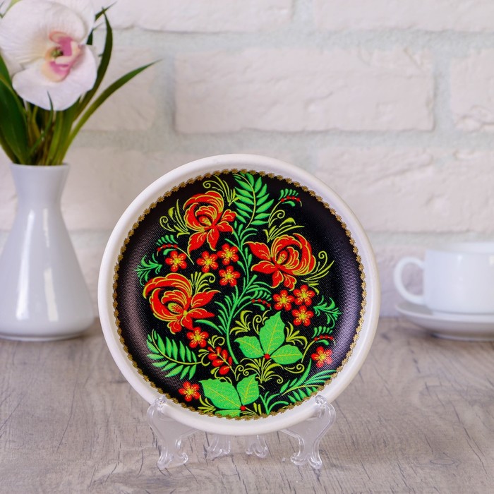 Тарелка декоративная «Цветы», хохлома, с рисунком на холсте, настенная, D = 16 см