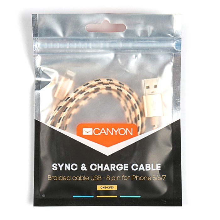 Провод для зарядки Canyon CNE-CFI3GO, USB 2.0 - 8-pin Lightning, 1 метр, цвет золото