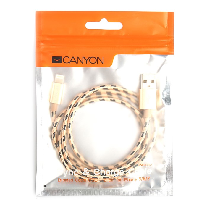Провод для зарядки Canyon CNE-CFI3GO, USB 2.0 - 8-pin Lightning, 1 метр, цвет золото