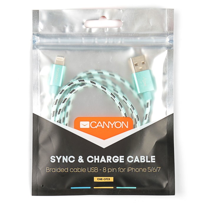 Провод для зарядки Canyon CNE-CFI3G, USB 2.0 - 8-pin Lightning, 1 метр, зеленый
