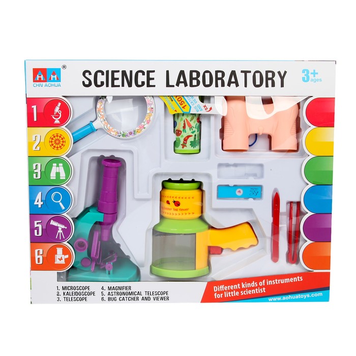 Набор биолога "Научная лаборатория": микроскоп, калейдоскоп, лупа, бинокль, контейнер для исследований
