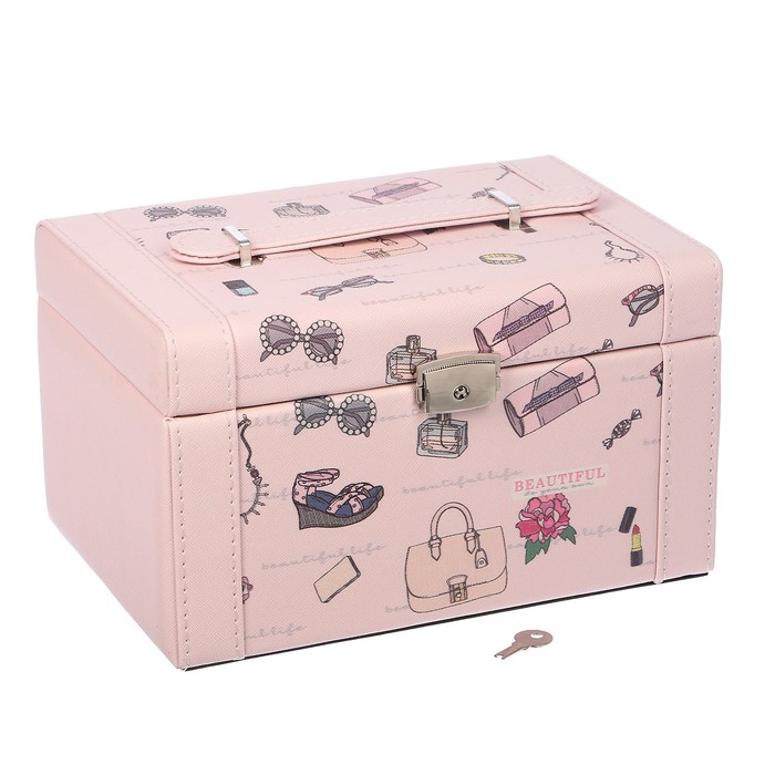 Шкатулка кожзам для украшений "Дамские мелочи" розовая 16,5х23,5х14 см