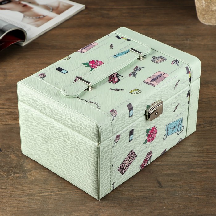 Шкатулка кожзам для украшений "Дамские мелочи" зелёная 16,5х23,5х14 см