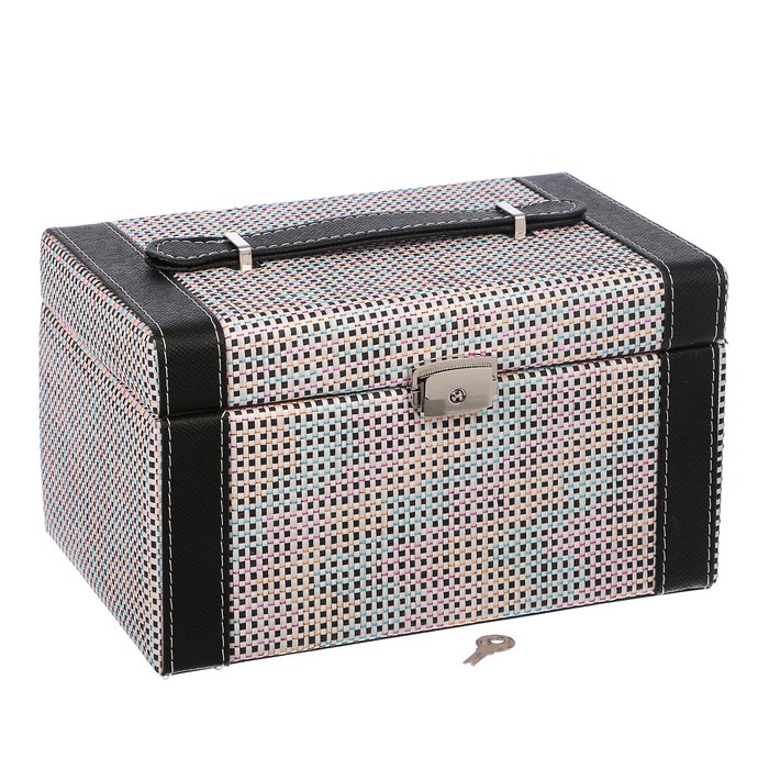 Шкатулка кожзам для украшений "Клеточка" чёрная 16,5х24х14 см