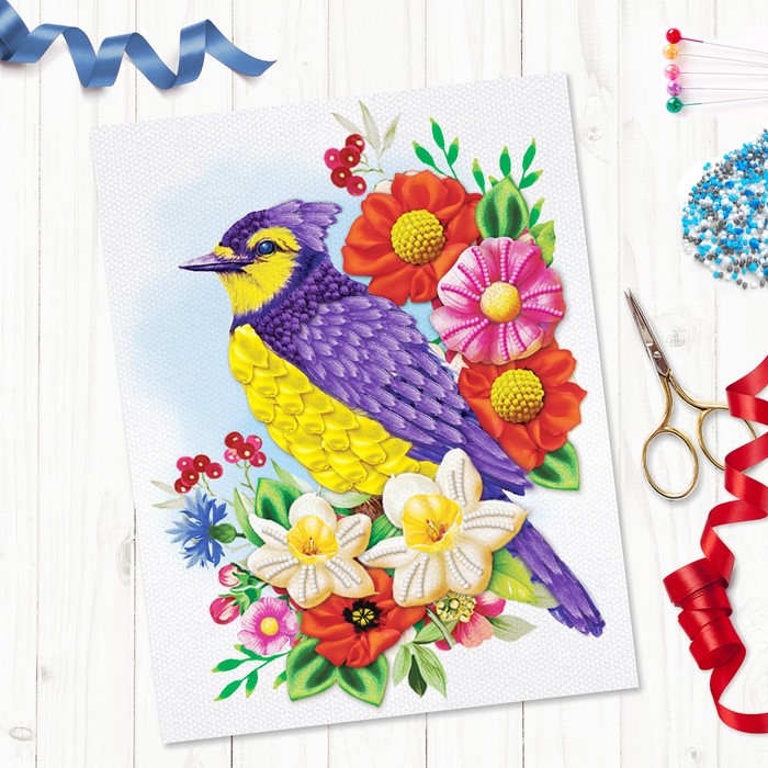 Вышивка объёмная бисером и лентами "Птица", 24 х 32 см