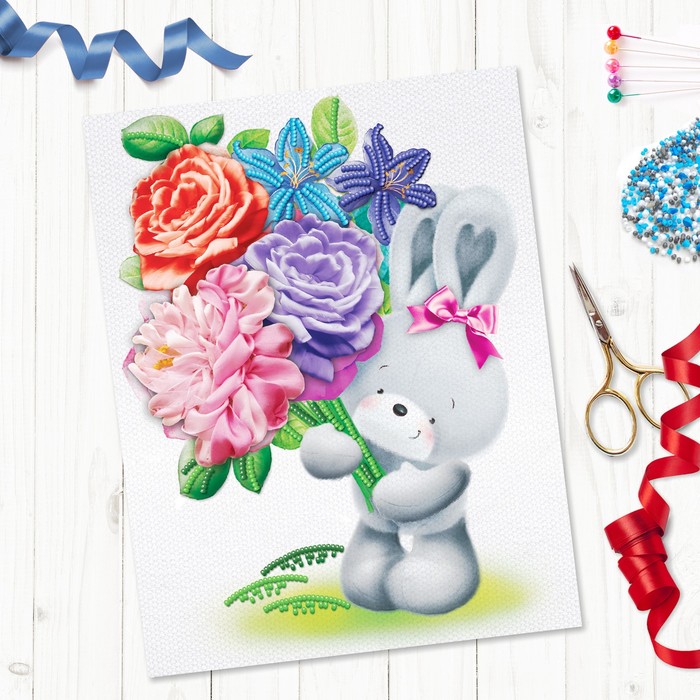 Вышивка объёмная бисером и лентами "Мишка с букетом", 24 х 32 см